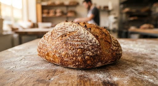 A freshly scored sourdough loaf on a rustic floured workbench