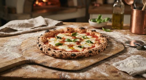 A rustic sourdough pizza with a bubbly, leopard-spotted charred crust on a wooden peel