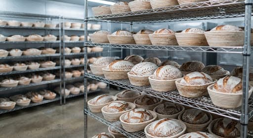 Shaped sourdough loaves resting in baskets during a long cold ferment