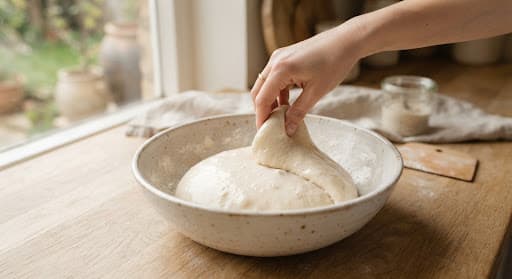 A hand gently folding sourdough dough in a ceramic bowl