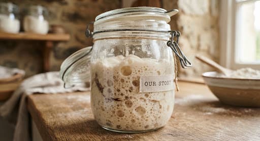 Active sourdough starter bubbling in a glass jar