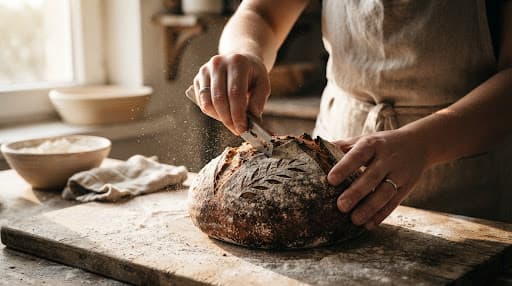 A baker scoring a sourdough loaf with a razor blade in a sun-drenched kitchen